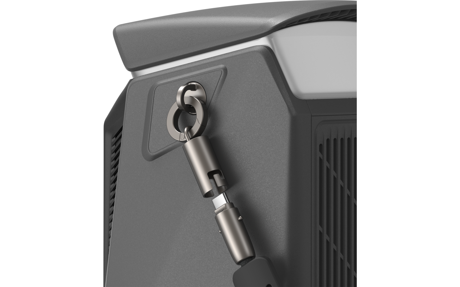 Close-up van een grijze apparaathoek met een metalen karabijnhaak bevestigd aan een oog en verbonden met een zwarte band