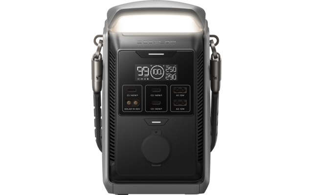 Antracietkleurig rechthoekig apparaat met afgeronde bovenkant, draaghandvatten aan de zijkanten, verlicht gebied bovenaan, digitaal display met '99' en '250', vier vierkante indicaties eronder en ronde poortafdekking aan de voorkant