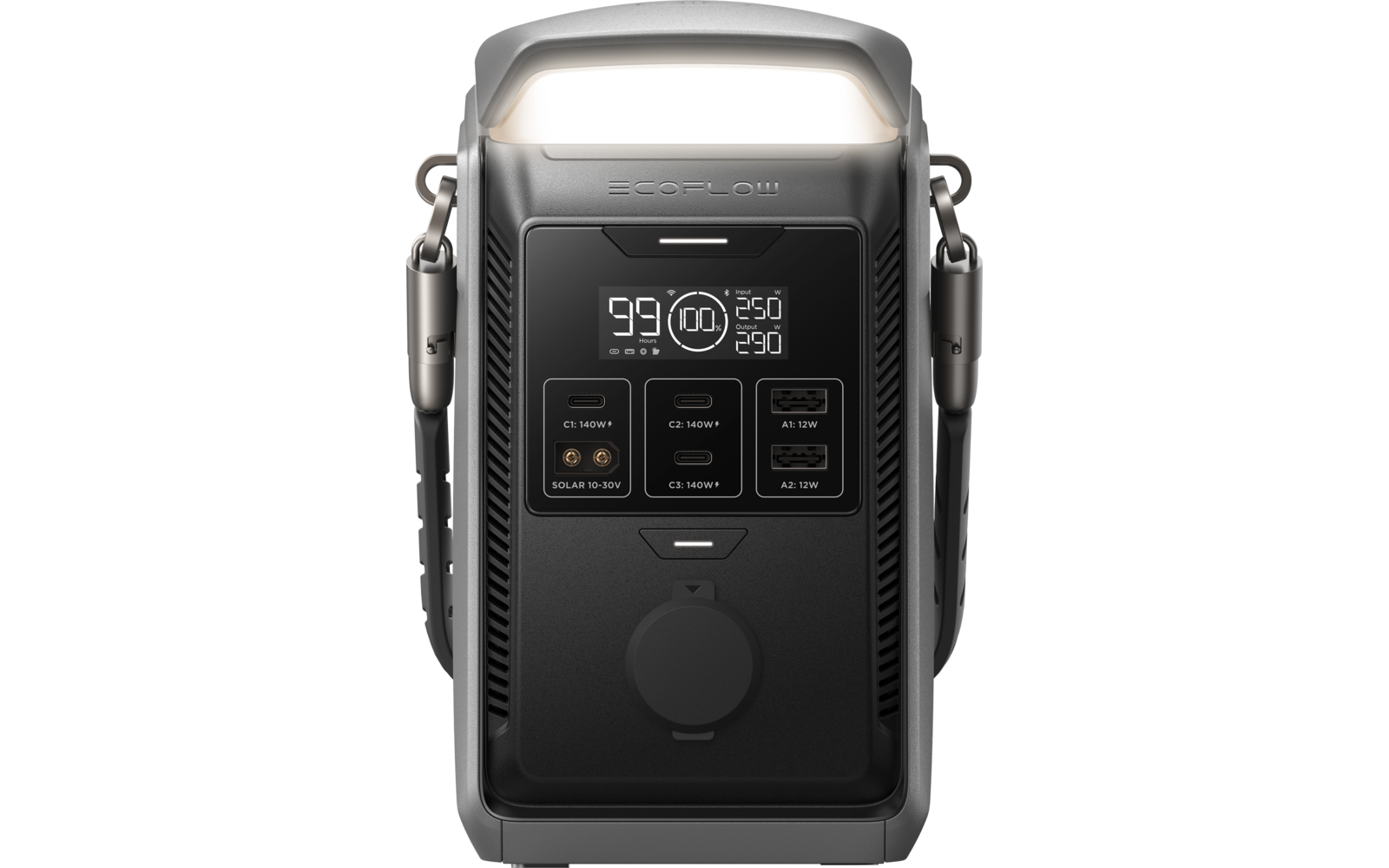 Antracietkleurig rechthoekig apparaat met afgeronde bovenkant, draaghandvatten aan de zijkanten, verlicht gebied bovenaan, digitaal display met '99' en '250', vier vierkante indicaties eronder en ronde poortafdekking aan de voorkant