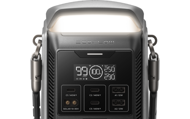 Grijs-zilverkleurig apparaat met verlichte lichtbalk bovenaan, zichtbare tekst "EcoFlow", centraal digitaal scherm met de cijfers 99, 100, 250, 290 en pictogrammen, en meerdere poorten met de aanduidingen C1, C2, C3, A1, A2