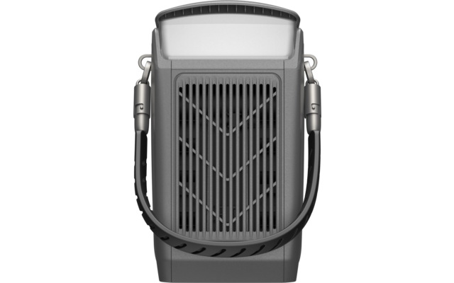 Grijs rechthoekig apparaat met afgeronde bovenkant, verticale ventilatiestrippen aan de voorkant en een zij-draagriem