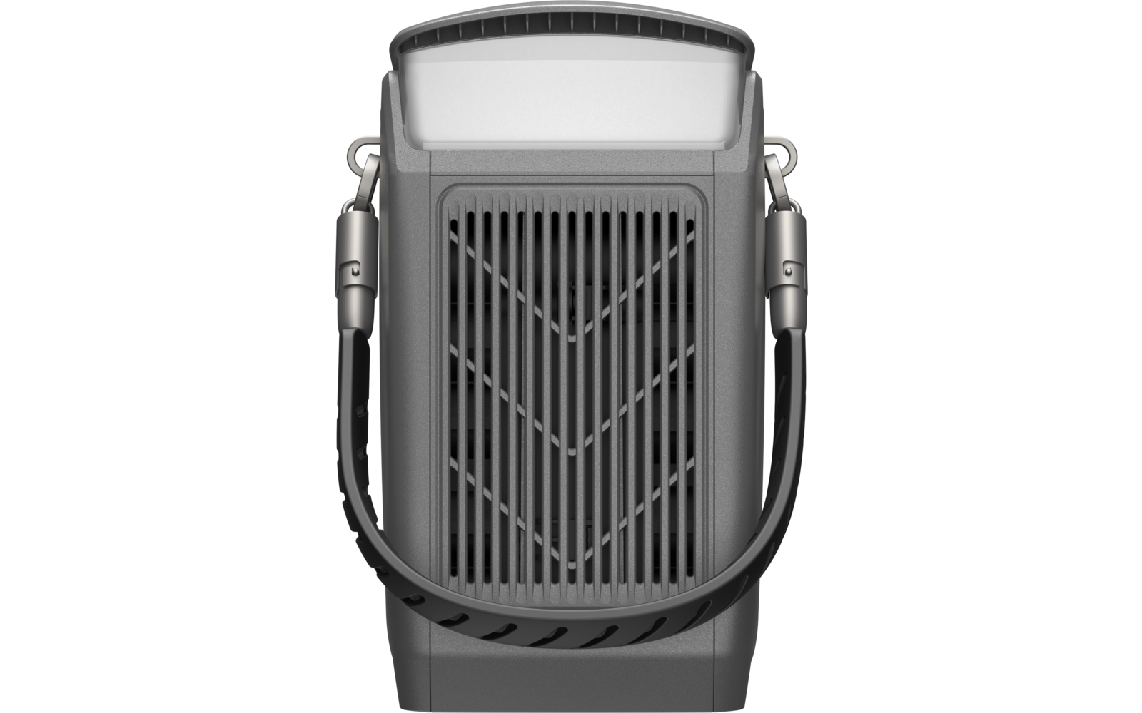 Grijs rechthoekig apparaat met afgeronde bovenkant, verticale ventilatiestrippen aan de voorkant en een zij-draagriem
