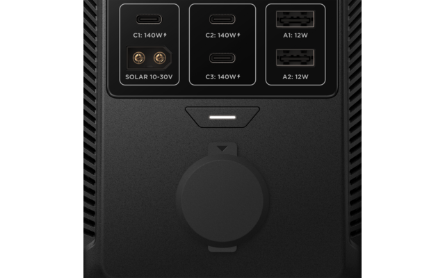 Zwarte voorkant van een apparaat met drie USB‑C‑poorten gemarkeerd 'C1: 140W', 'C2: 140W', 'C3: 140W', twee ronde zonnepaneelconnectoren links met 'SOLAR 10-30V', twee USB‑A‑poorten rechts gemarkeerd 'A1: 12W' en 'A2: 12W', en een ronde afdekking onderaan met een witte LED erboven
