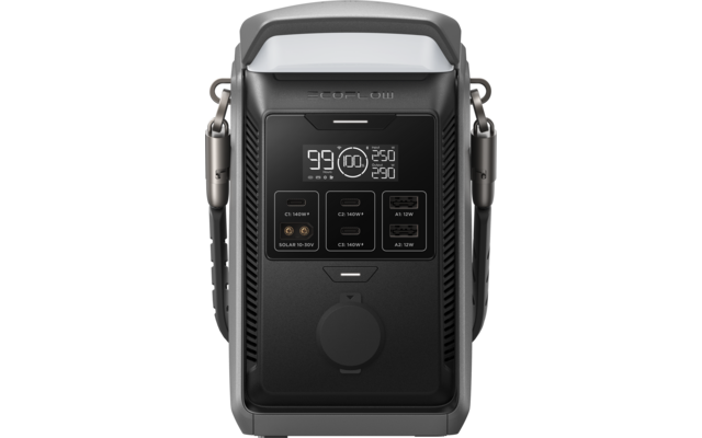 Zwart rechthoekig apparaat met handvat bovenaan, digitaal display met witte cijfers '99' en andere cijfers, vier kleine vierkante indicaties in het midden, ronde aansluiting onderaan en grijze draagriem aan de zijkanten