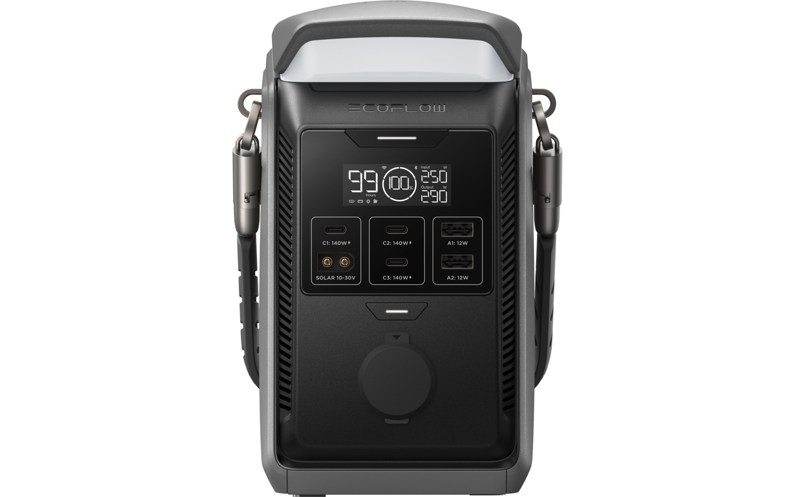 Zwart rechthoekig apparaat met handvat bovenaan, digitaal display met witte cijfers '99' en andere cijfers, vier kleine vierkante indicaties in het midden, ronde aansluiting onderaan en grijze draagriem aan de zijkanten