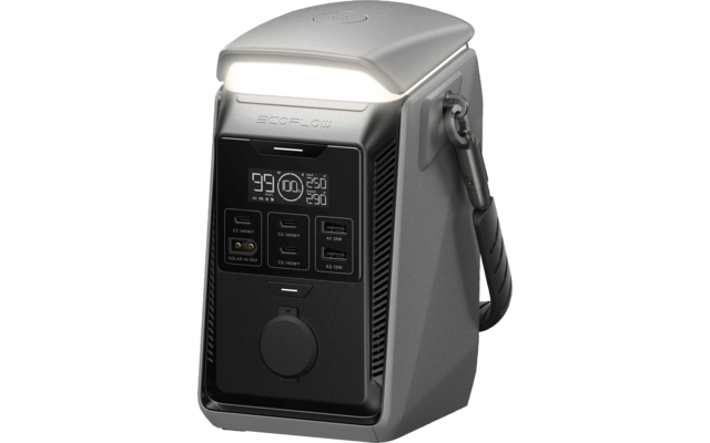 Graues, kompaktes Gerät mit abgerundeter Oberseite, digitales Display mit Zahlen, mehrere Anschlüsse mit USB- und AC-Beschriftungen, runde Buchse vorne, Tragegriff mit Metallkarabiner, Schriftzug ECOFLOW auf der Vorderseite