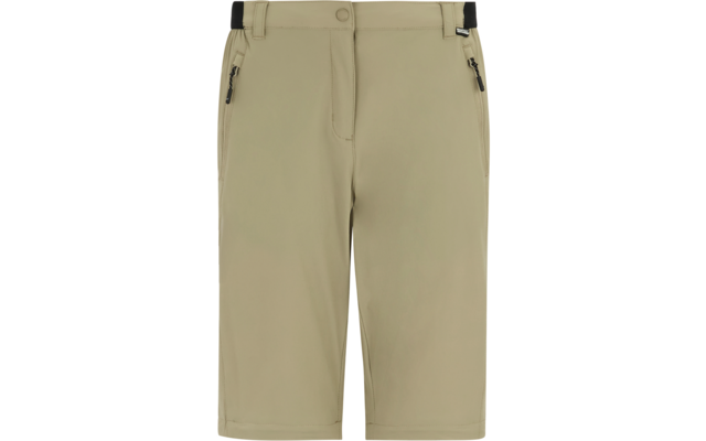 Beige knielange Shorts, Frontalansicht, zwei seitliche Reißverschlusstaschen, Gürtelschlaufen, Knopf- und Reißverschluss vorne