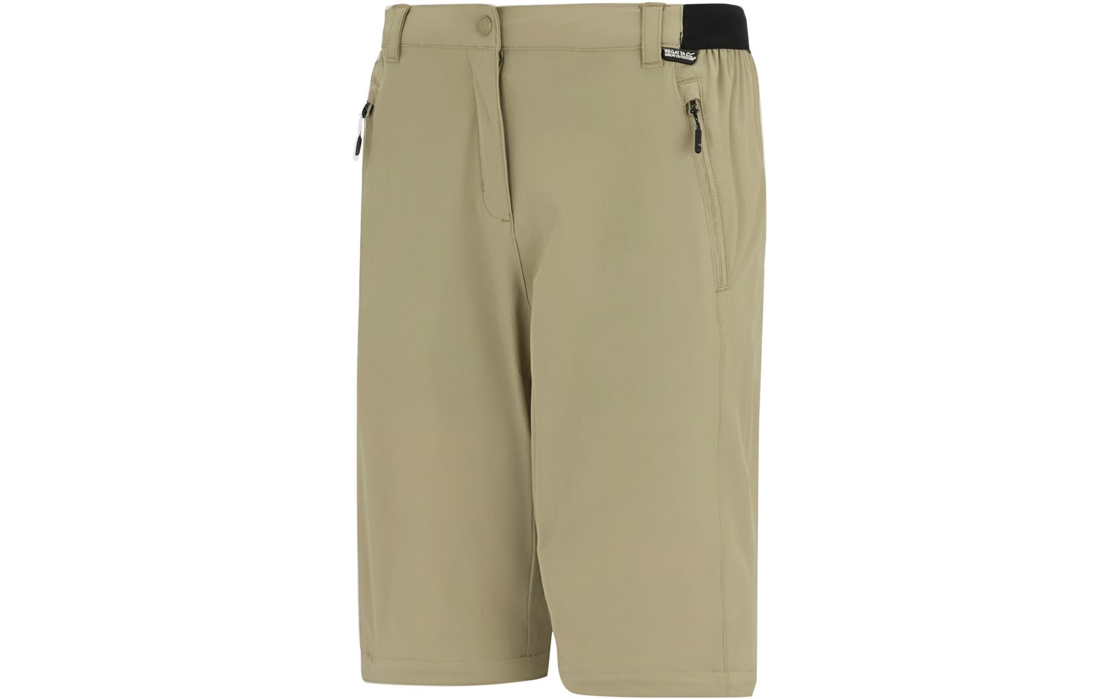 Beige knielange Shorts mit zwei Reißverschlusstaschen, Gürtelschlaufen und elastischem Bundeinsatz