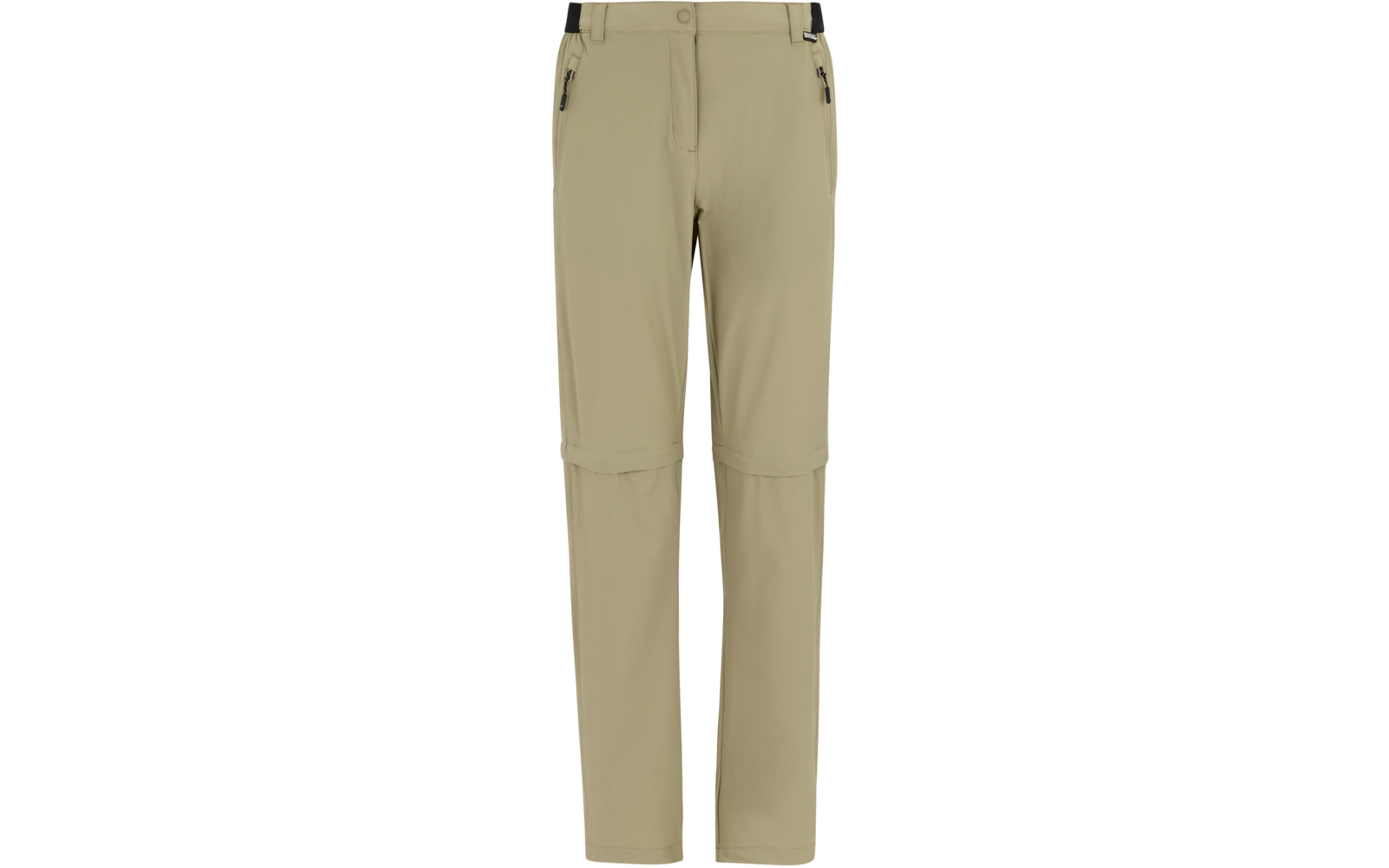 Frontansicht einer beige/khakifarbenen Hose mit Knopfbund und Gürtelschlaufen, zwei Reißverschlusstaschen an den Hüften, Reißverschlüsse an den Knien, gerade geschnittene Beine