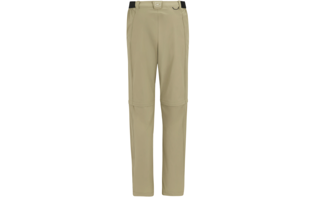 Beige lange Hose auf weißem Hintergrund, gerade geschnitten, Gürtelschlaufen am Bund, sichtbare vertikale Nähte vorne, Einsatznähte an den Knien, rechteckiges Label mittig am Bund, Metall-D-Ring rechts am Bund