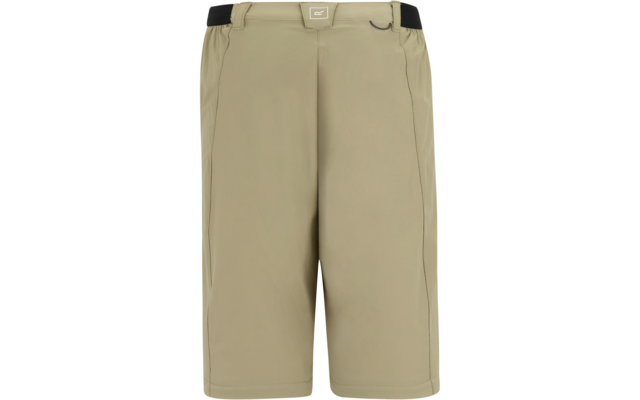 Beige knielange Shorts, Vorderansicht, mittige Falte, seitliche Taschen, schwarze elastische Einsätze an den Bundseiten, kleines rechteckiges Logo am vorderen Bund, metallener D-Ring rechts