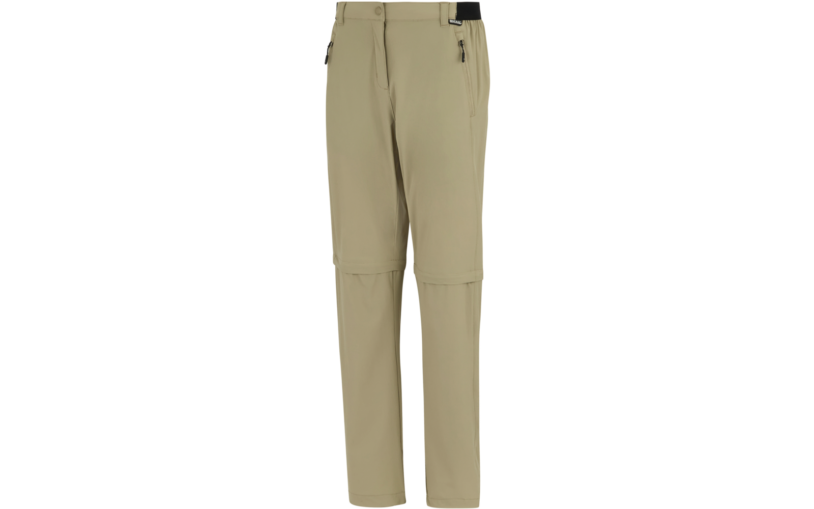 Hellbeige Hose mit Bund, schwarzem Einsatz am Rückenbund, vorderem Knopf- und Reißverschluss, seitlichen Reißverschlusstaschen und horizontalem Reißverschluss auf Kniehöhe