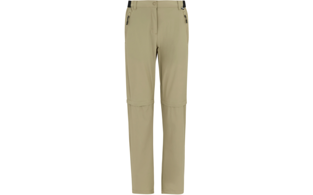 Frontansicht einer beige/khakifarbenen Hose mit Knopfbund und Gürtelschlaufen, zwei Reißverschlusstaschen an den Hüften, Reißverschlüsse an den Knien, gerade geschnittene Beine