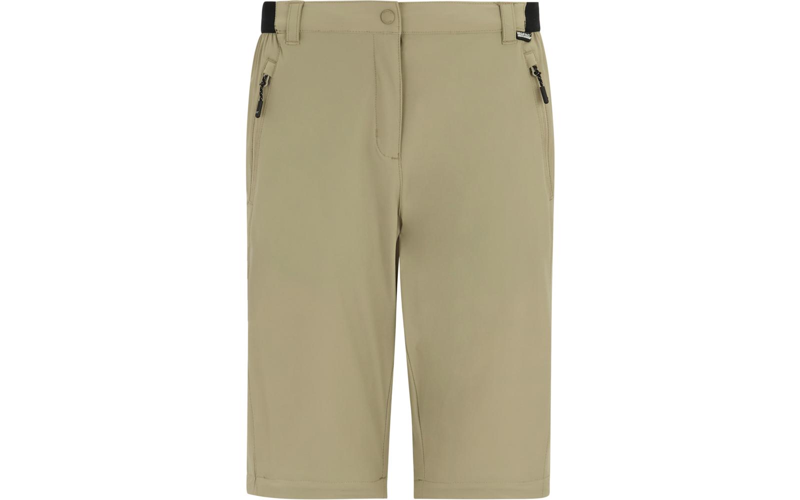 Beige knielange Shorts, Frontalansicht, zwei seitliche Reißverschlusstaschen, Gürtelschlaufen, Knopf- und Reißverschluss vorne