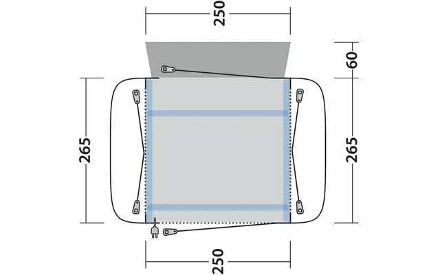 Technische Zeichnung eines rechteckigen Objekts mit Maßen in Millimetern