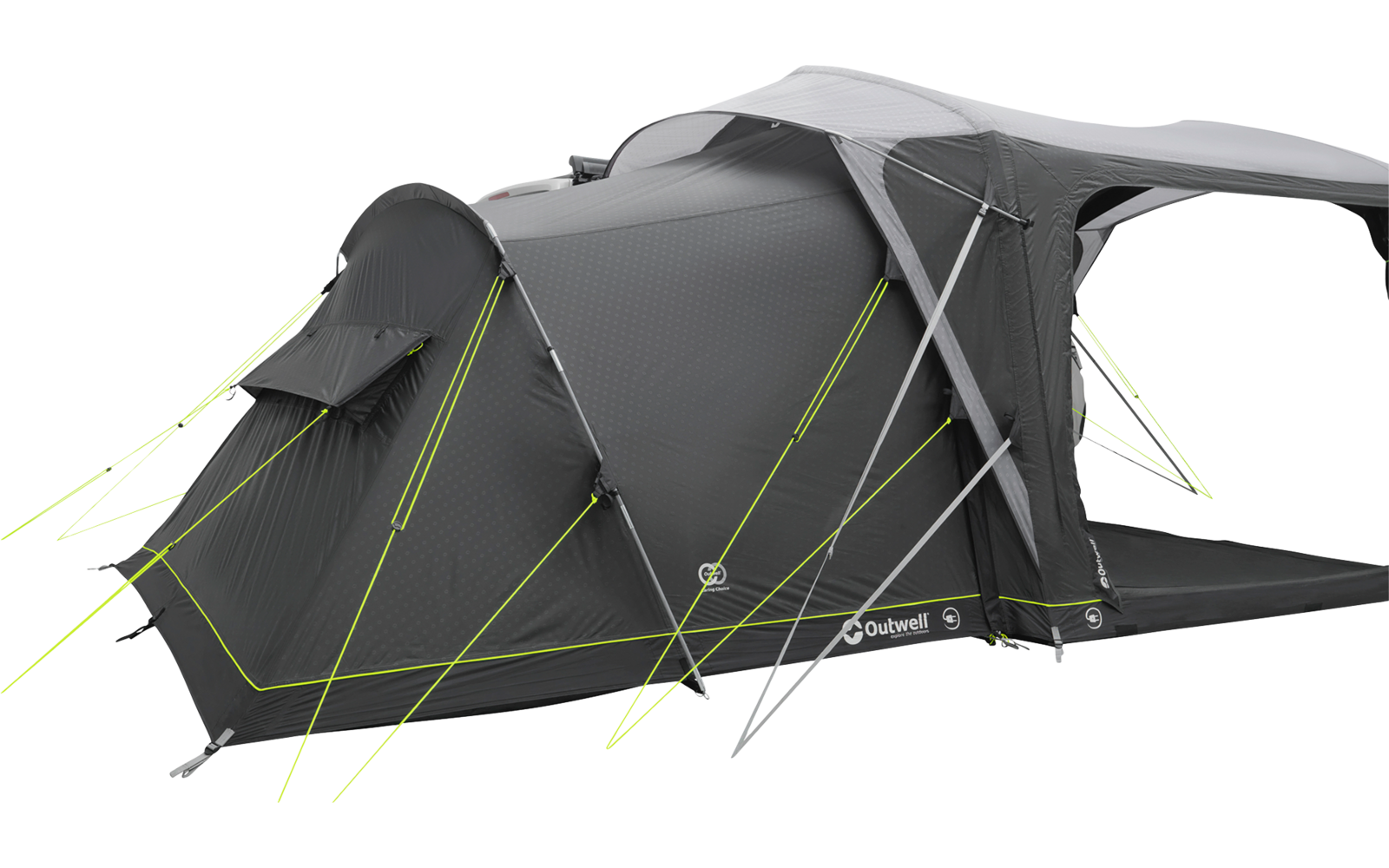 Graues Zelt mit mehreren Kammern, Vordach und hellgrünen Abspannleinen, freigestellt auf weißem Hintergrund