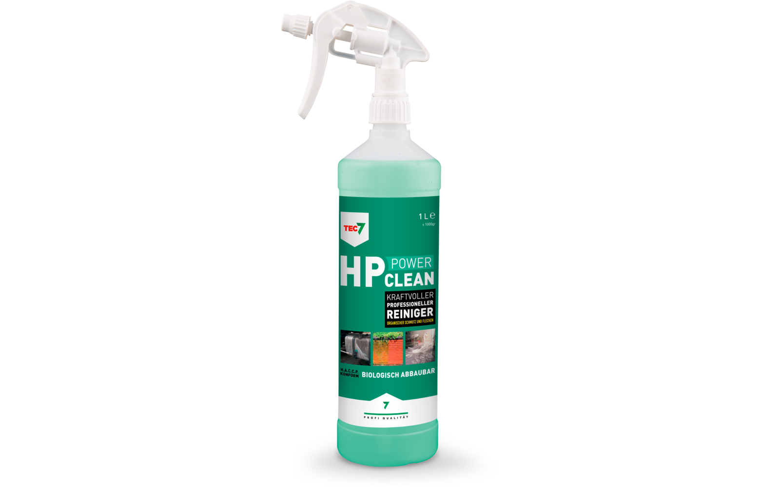 Weißer Sprühkopf auf durchsichtiger Plastikflasche mit grünem Inhalt und grünem Etikett, darauf weißer Schriftzug 'HP POWER CLEAN', Markenlogo 'TEC7' und Angabe '1 L'