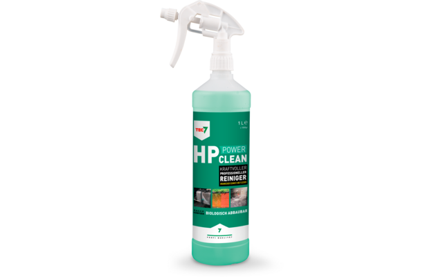 Weißer Sprühkopf auf durchsichtiger Plastikflasche mit grünem Inhalt und grünem Etikett, darauf weißer Schriftzug 'HP POWER CLEAN', Markenlogo 'TEC7' und Angabe '1 L'