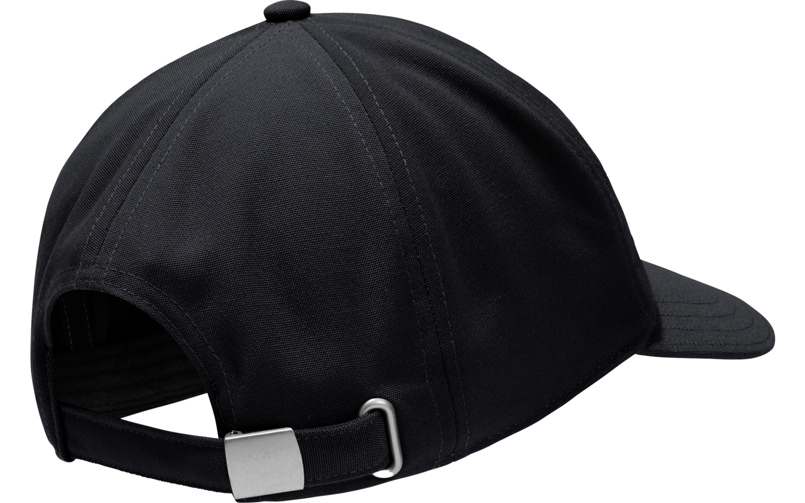 Schwarze Baseballkappe, Rückansicht, verstellbarer Stoffriemen mit Metallverschluss, sichtbare Nähte und oberer Knopf