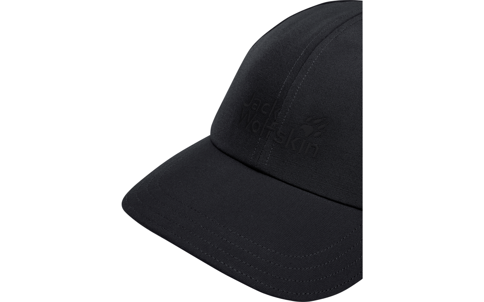 Dunkelgraue Baseballkappe, Vorderansicht, geprägter Jack Wolfskin Schriftzug und Pfotenlogo auf der Front, geschwungener Schirm
