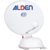 Weiße Satellitenschüssel mit blau-rotem Schriftzug "ALDEN", blauem "@"-Symbol, weißem Feedarm und runder Montagebasis