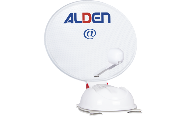 Weiße Satellitenschüssel mit blau-rotem Schriftzug "ALDEN", blauem "@"-Symbol, weißem Feedarm und runder Montagebasis