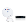 White satellite dish with blue-orange ALDEN logo and blue @ symbol, white base and small round LNB; beside it a black rectangular control unit with two displays, buttons and ALDEN logo