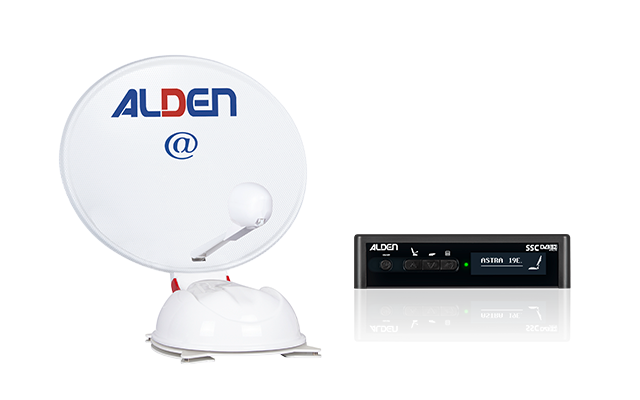 White satellite dish with blue-orange ALDEN logo and blue @ symbol, white base and small round LNB; beside it a black rectangular control unit with two displays, buttons and ALDEN logo