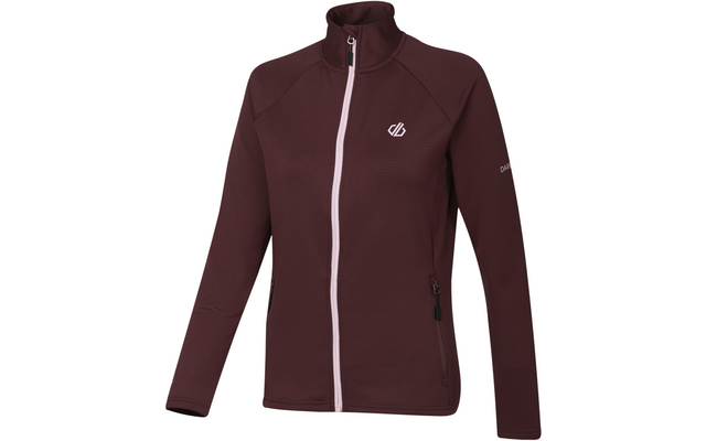 Bordeauxfarbene, langärmelige Reißverschlussjacke mit Stehkragen, hellem Mittelreißverschluss, kleinem weißen Logo auf der Vorderseite und seitlicher Reißverschlusstasche