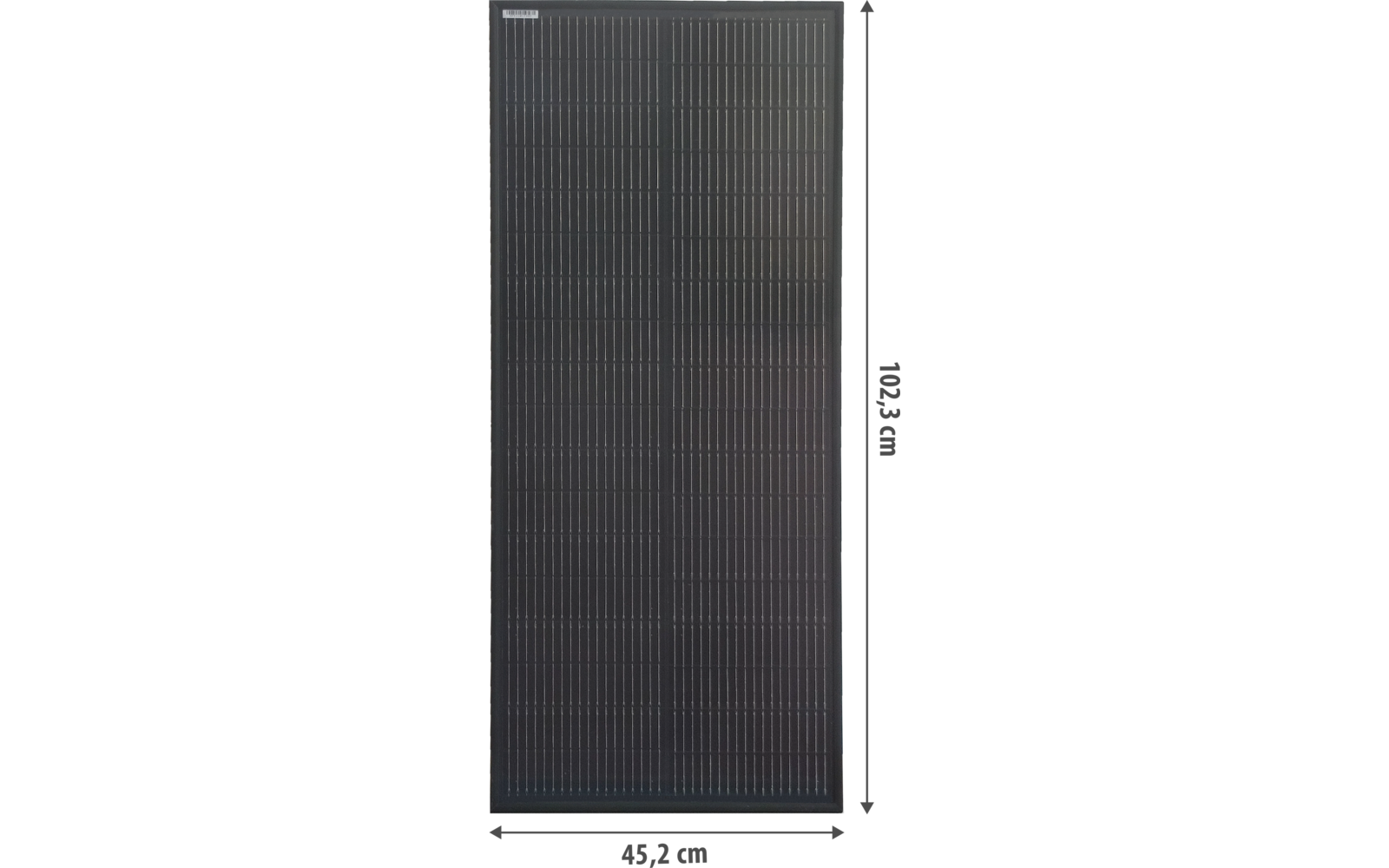 Schwarzes rechteckiges Solarmodul mit gleichmäßigem Zellenraster; Pfeile mit Maßangaben 166.6 cm Höhe und 82.5 cm Breite