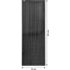 Dunkles, hochformatiges rechteckiges Objekt mit gleichmäßigen feinen vertikalen Linien, kleinem weißen Etikett oben links und Maßpfeilen mit Zahlen rechts und unten
