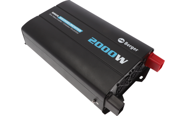 Schwarzes rechteckiges Gehäuse mit Aufdruck '2000W' und 'Berger', roter und schwarzer Anschluss, Lüftungsgitter