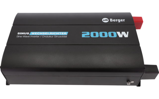 Schwarzes rechteckiges Gerät mit Aufdruck '2000W', Markenlogo 'Berger', Schriftzug 'SINUS WECHSELRICHTER' in Blau/Weiß, roter Anschluss oben rechts und schwarzer Anschluss an der Seite