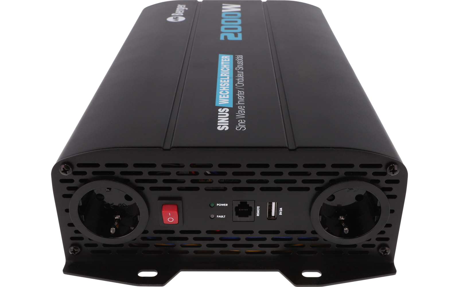 Schwarzes rechteckiges Gerät, Front mit zwei runden europäischen Steckdosen, rotem Ein-/Ausschalter, USB‑Anschluss, RJ45‑Port, Lüftungsgitter und Aufschrift 'SINUS WECHSELRICHTER' sowie '2000W' in Blau
