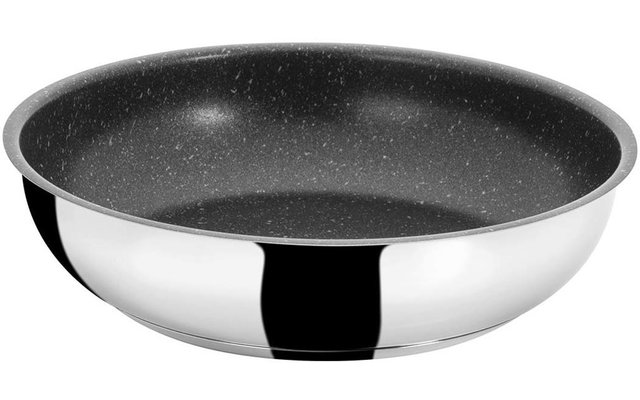 Runde flache Pfanne ohne Griff, schwarzes gesprenkeltes Innenfinish, glänzende silberne Außenseite