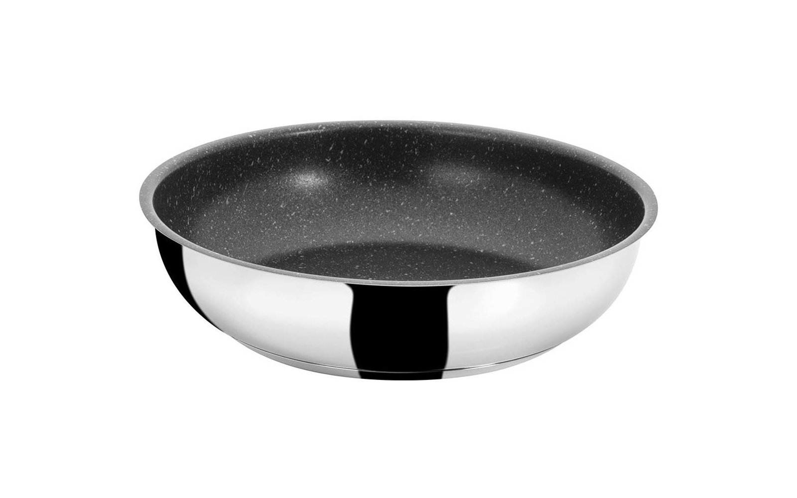Runde flache Pfanne ohne Griff, schwarzes gesprenkeltes Innenfinish, glänzende silberne Außenseite