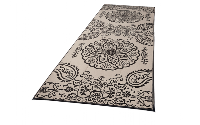 Alfombra pasillo rectangular beige con motivos oscuros de medallón y paisley