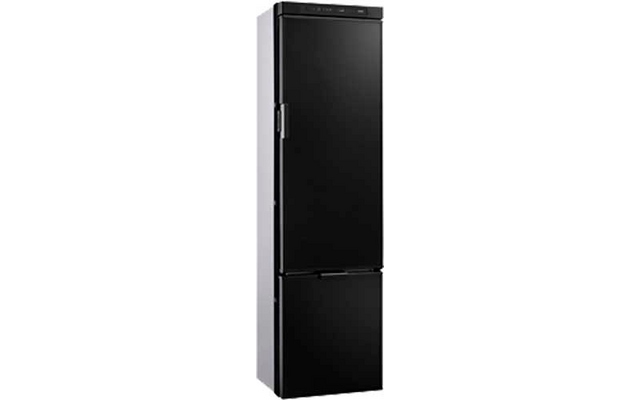 Schwarzer Kühlschrank mit oberem und unterem Türfach