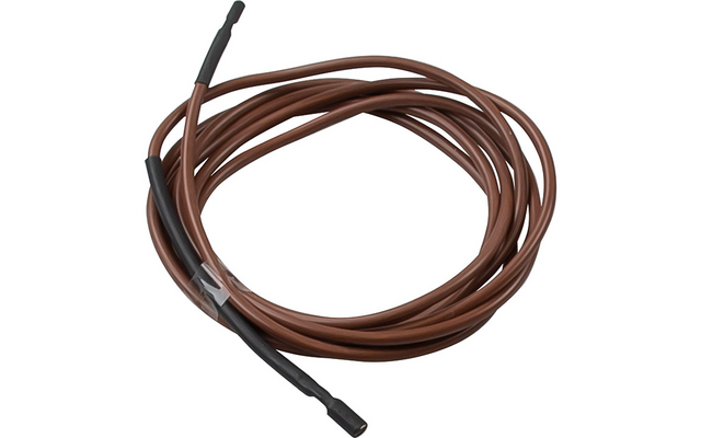 Aufgerolltes braunes Kabel mit schwarzen Enden und einer Stelle mit transparentem Klebeband