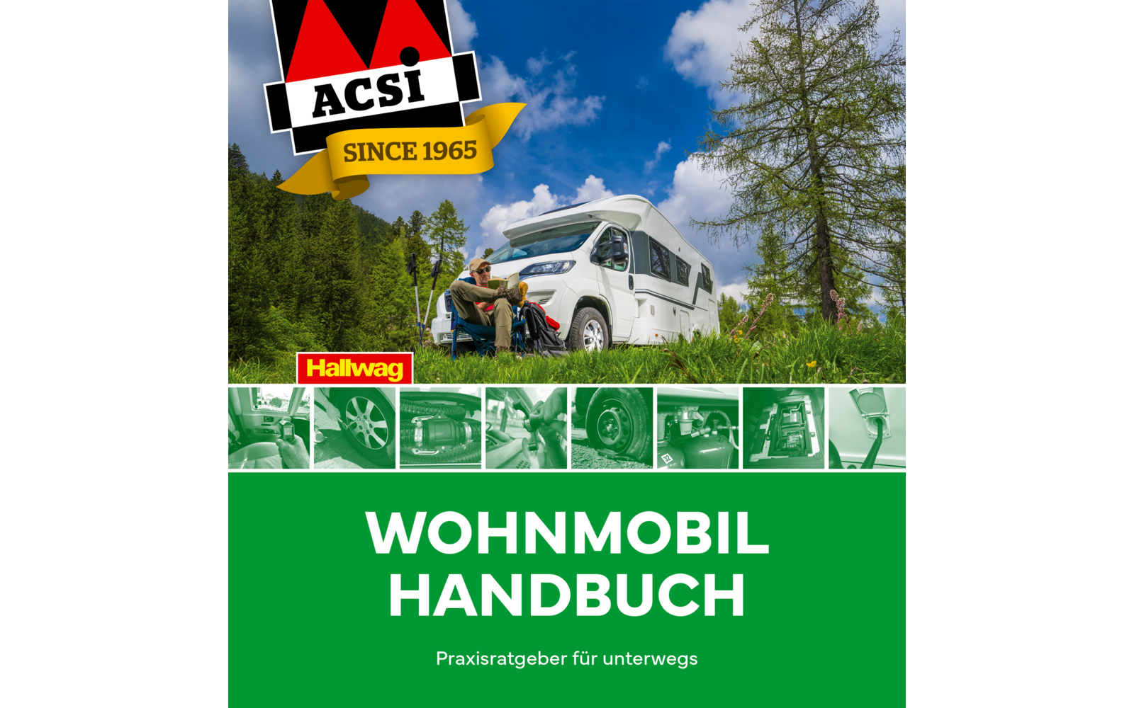 Titelbild eines Wohnmobil-Handbuchs mit einem weißen Wohnmobil auf einem Feld unter blauem Himmel und grünen Bäumen