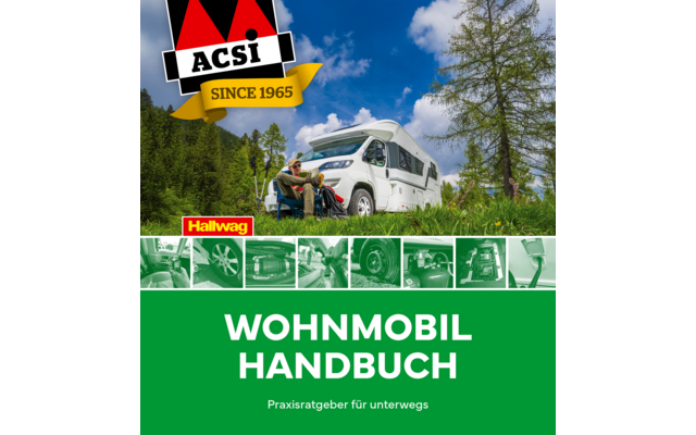 Titelbild eines Wohnmobil-Handbuchs mit einem weißen Wohnmobil auf einem Feld unter blauem Himmel und grünen Bäumen