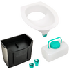 Insert de siège ovale en plastique blanc, réservoir rectangulaire en plastique noir, bidon en plastique blanc avec bouchon à vis turquoise et poignée, deux petits clips en plastique turquoise