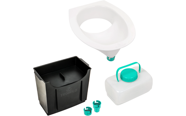 Insert de siège ovale en plastique blanc, réservoir rectangulaire en plastique noir, bidon en plastique blanc avec bouchon à vis turquoise et poignée, deux petits clips en plastique turquoise