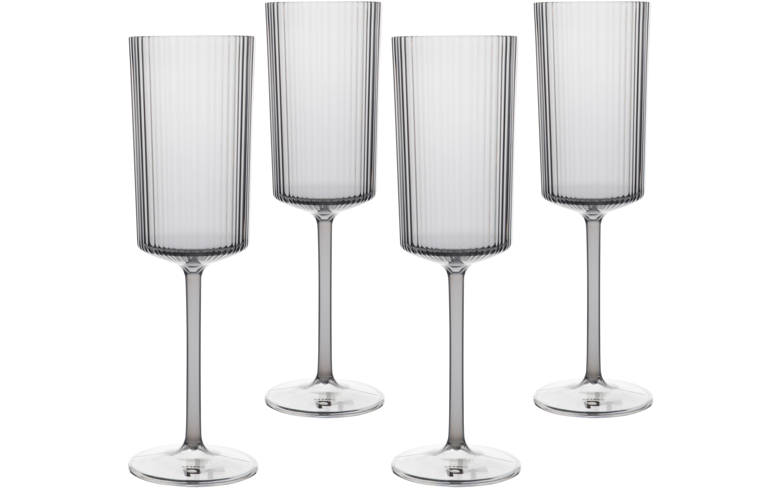 Four tall transparent stemmed glasses with cylindrical bowls, fine vertical ribs, long stems and round bases on a white background