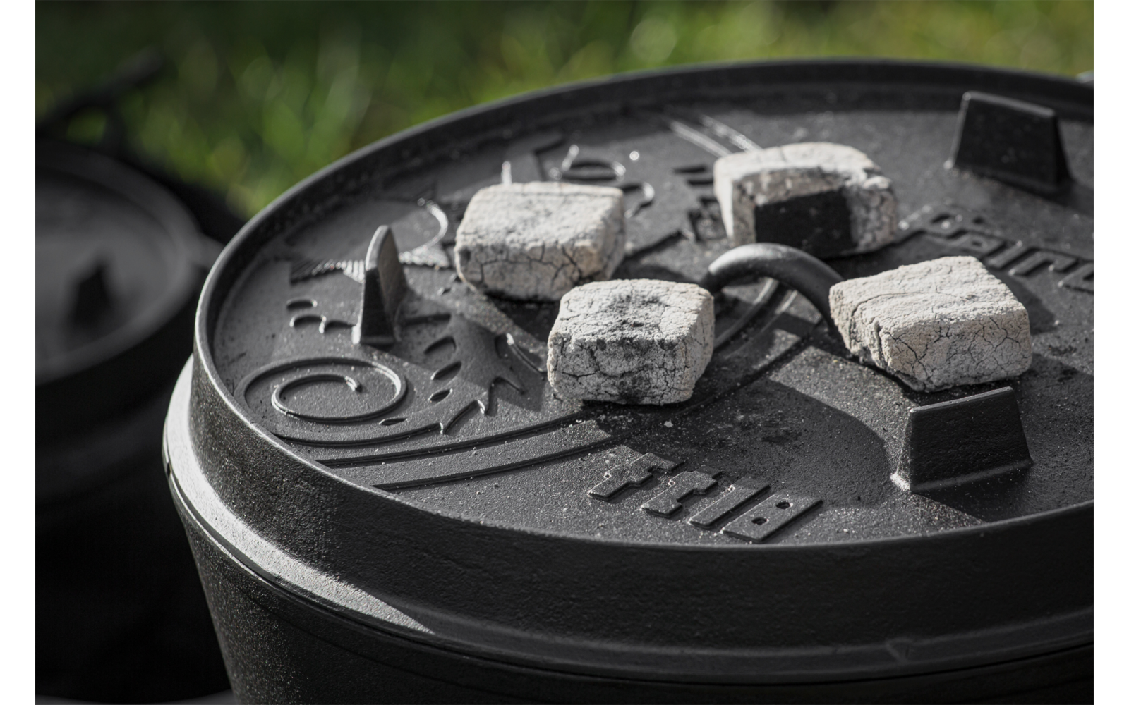 Gusseiserner Topfdeckel mit Kohlebriketts und Ascheresten, unscharfer Rasenhintergrund