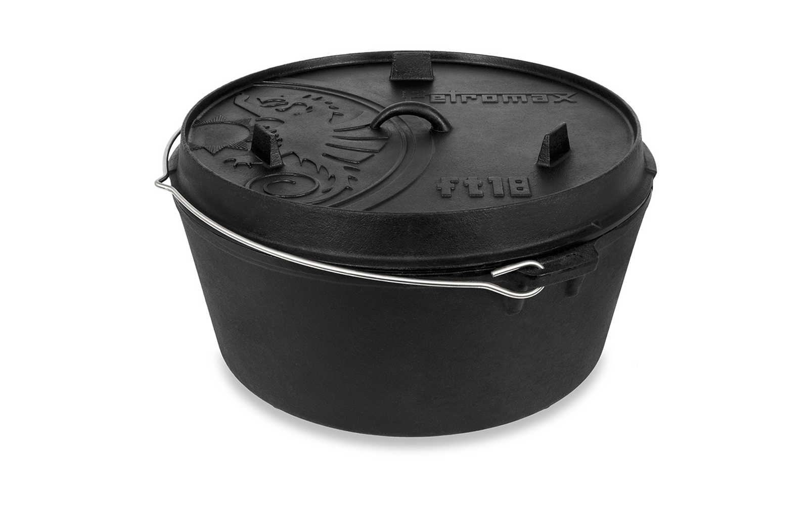 Runder schwarzer gusseiserner Topf mit Deckel, Metallbügel als Griff, geprägte Verzierung und Schrift auf dem Deckel