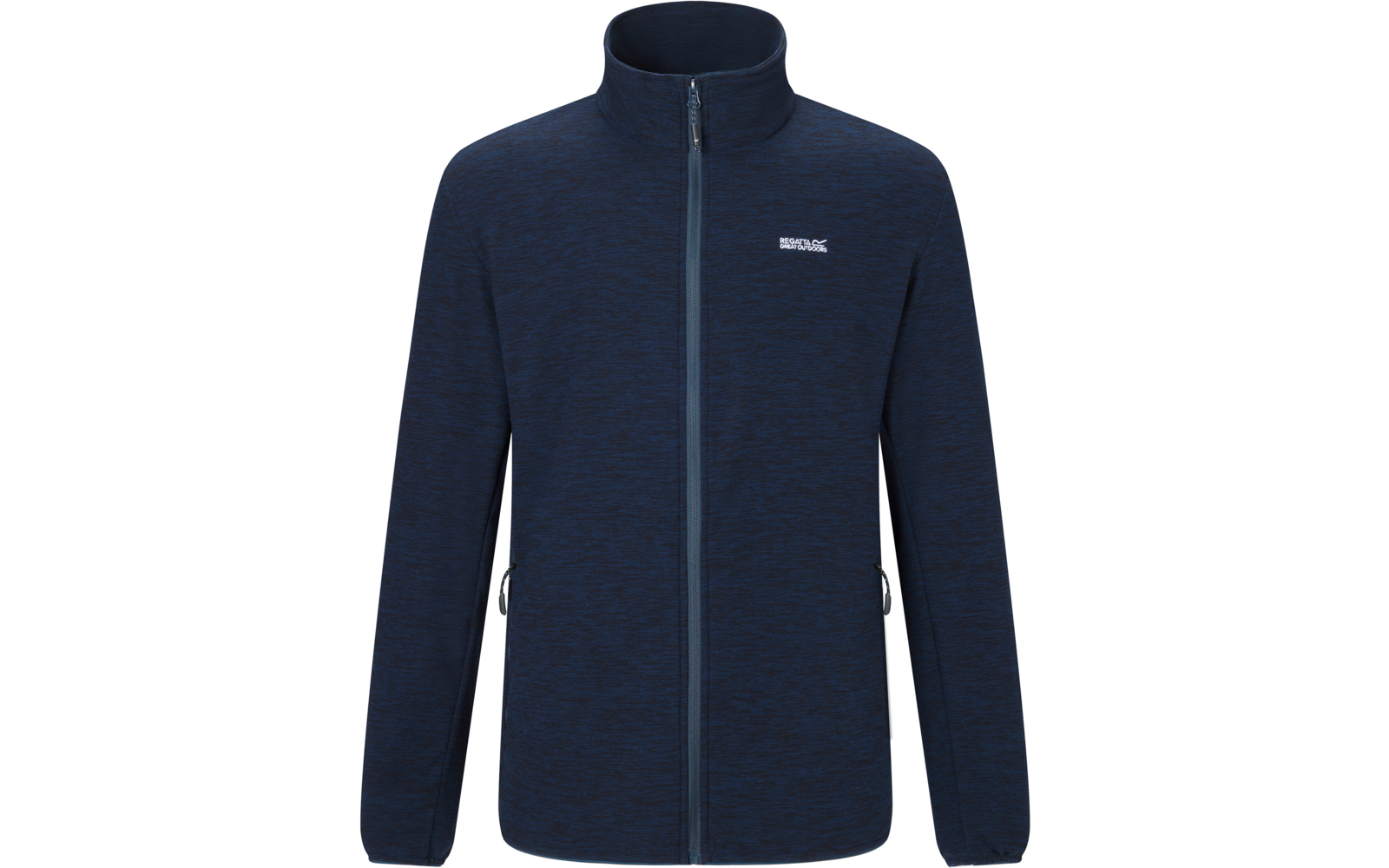 Dunkelblaue Jacke mit durchgehendem Reißverschluss, Stehkragen, langen Ärmeln, zwei seitlichen Reißverschlusstaschen und kleinem weißen Logo auf der linken Brust