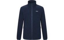 Dunkelblaue Jacke mit durchgehendem Reißverschluss, Stehkragen, langen Ärmeln, zwei seitlichen Reißverschlusstaschen und kleinem weißen Logo auf der linken Brust
