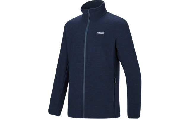 Dunkelblaue Fleecejacke mit durchgehendem Reißverschluss, Stehkragen, langen Ärmeln, zwei seitlichen Reißverschlusstaschen und kleinem weißen Logo auf der Brust