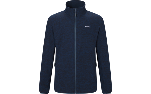 Dunkelblaue Jacke mit durchgehendem Reißverschluss, Stehkragen, langen Ärmeln, zwei seitlichen Reißverschlusstaschen und kleinem weißen Logo auf der linken Brust